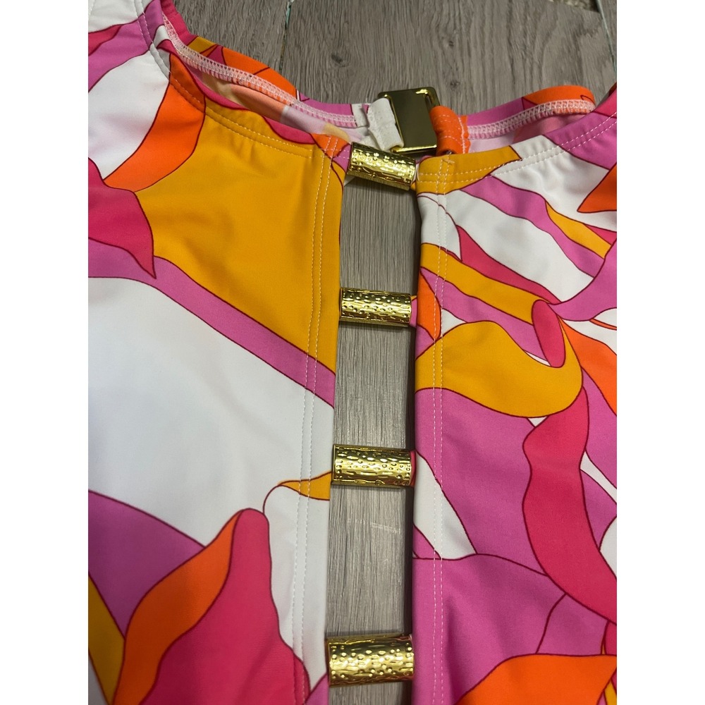 Retro Resort Pink Orange Mod Print Open Back One Piece Swimsuit - Picture 4 of 13